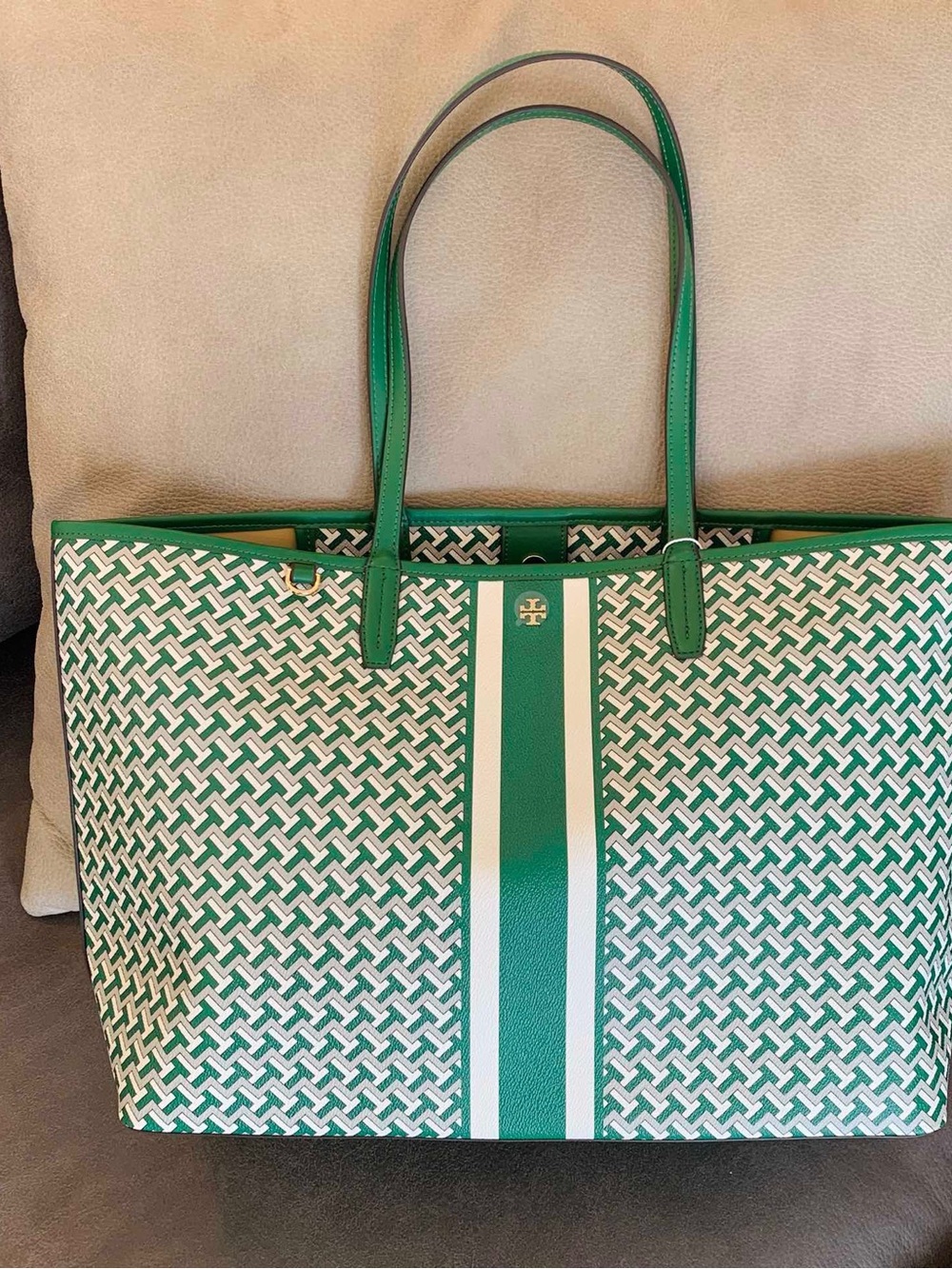 Tory Burch Green and White Patterned Stripe Tote
